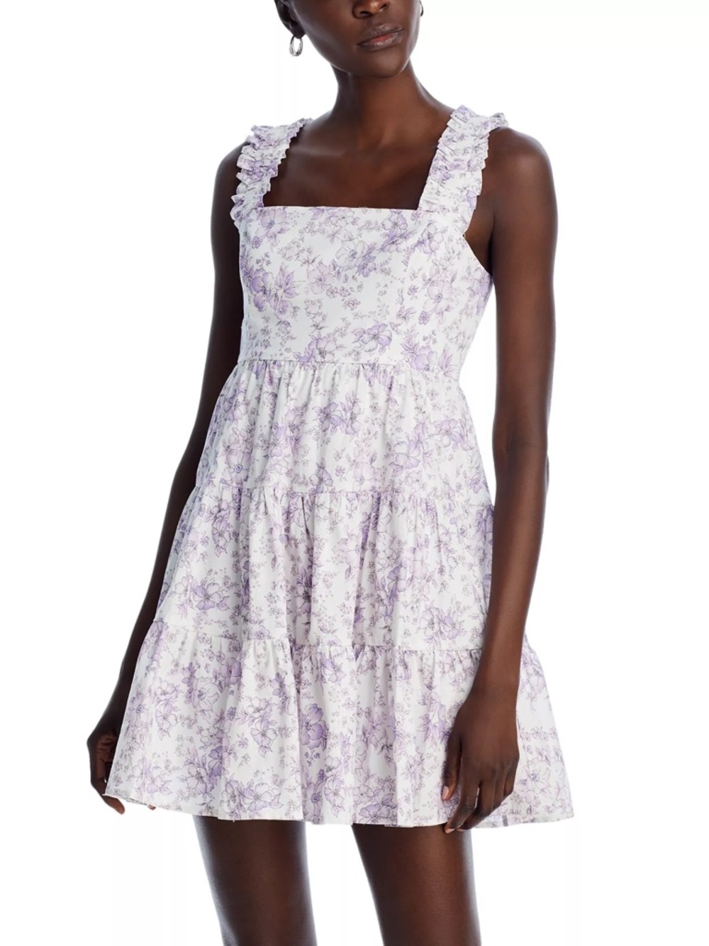 White Lavender Floral Ruffle Strap Tiered Mini Dress – Size L Aqua